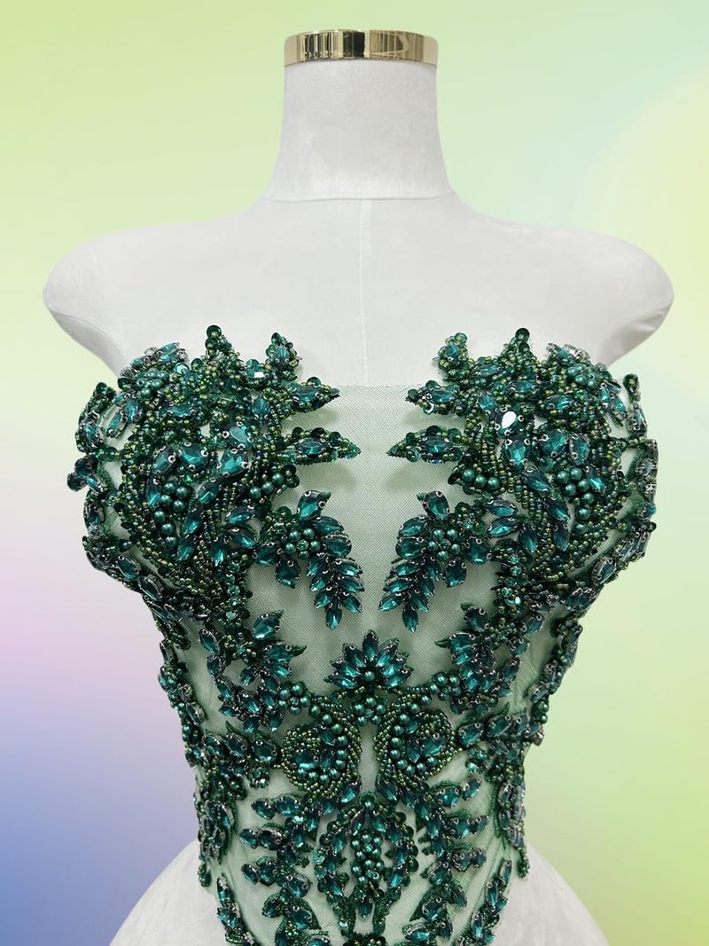 ArtistryXB Handmade Rhinestones Lace Bodice Applique Sew on Beads Sequins Trimming Patches for Dress Clothing Accessories 1Pcs/Bag (Deepgreen) - Image 5